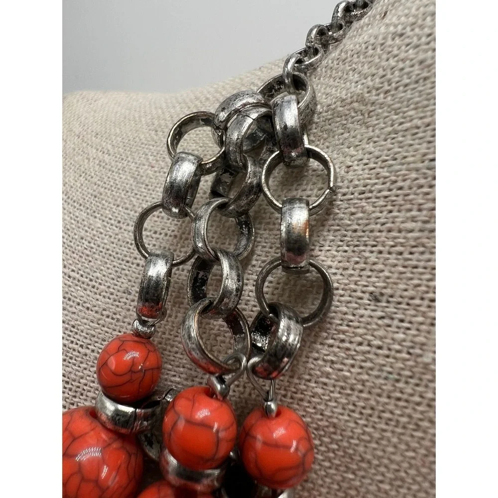 Orange Faux Stone Bib Necklace Statement Collar Boho Maximalist Acrylic Silver